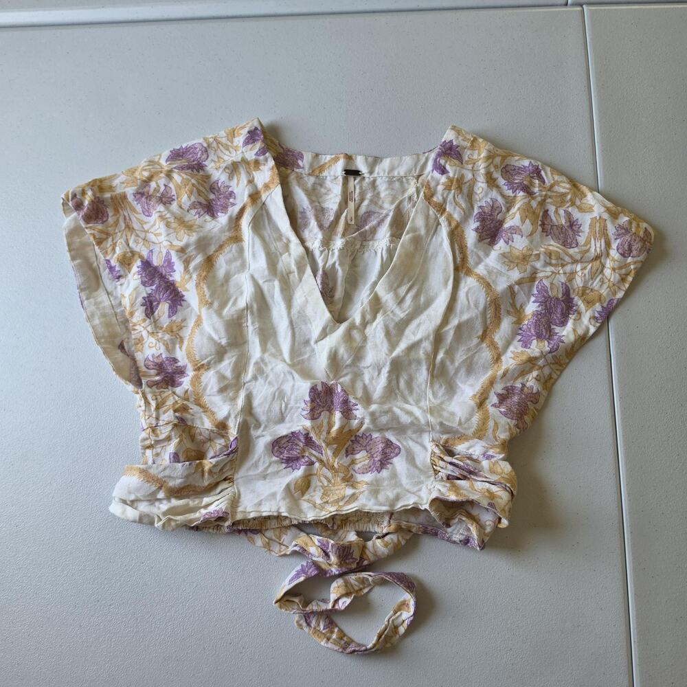 Free People Blouse Womens Small White Floral Kimono Sleeve Boho Cropped Top